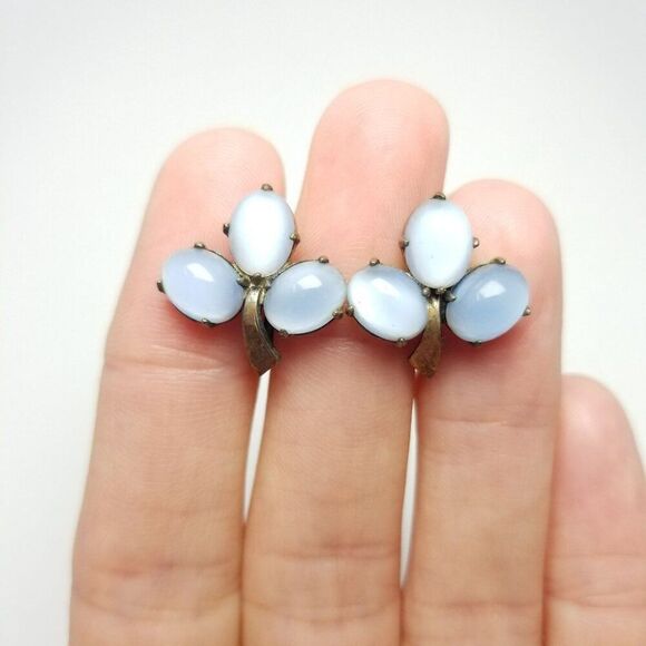 Vintage Sterling Silver Light Blue Cabochon Cat's Eye Screw Back Earrings - Picture 2 of 7